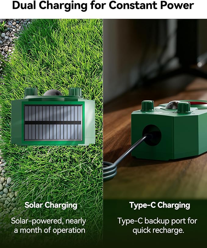 Solar Ultrasonic Animal Repellent Outdoor, Motion Activated Deer Repellent Devices with Flashing Lights, Waterproof Cat Repellent Outdoor, Repels Dog, Raccoon, Coyote for Garden & Lawn (2, Green)