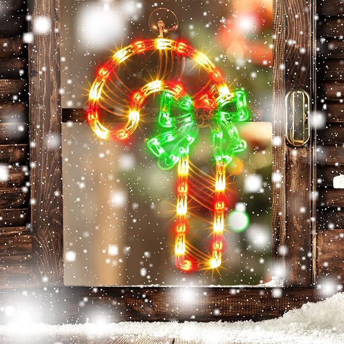 Christmas Window Silhouette Lights, Lighted Candy Cane Double Sided Decorations with 50 Count Incandescent Mini Light, for Holiday Indoor Wall Door Glass Decor