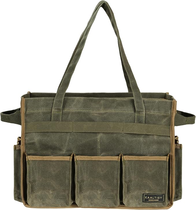 Tool Bag, Heavy Duty 16oz Waxed Canvas Garden Tool Organizer Tote with Reinforced Bottom, Large Capacity & 11 Slots, Dual Handles Tool Carrier for Gardening Carpentry DIY Tools | Army Green
