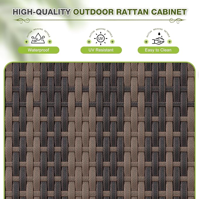 Greesum Rattan Storage Shed, Outdoor Towel Rack with 2 Storage Shelves & 1 Bottom Drawer, Suitable for Pool Patio Garden Deck, Brown