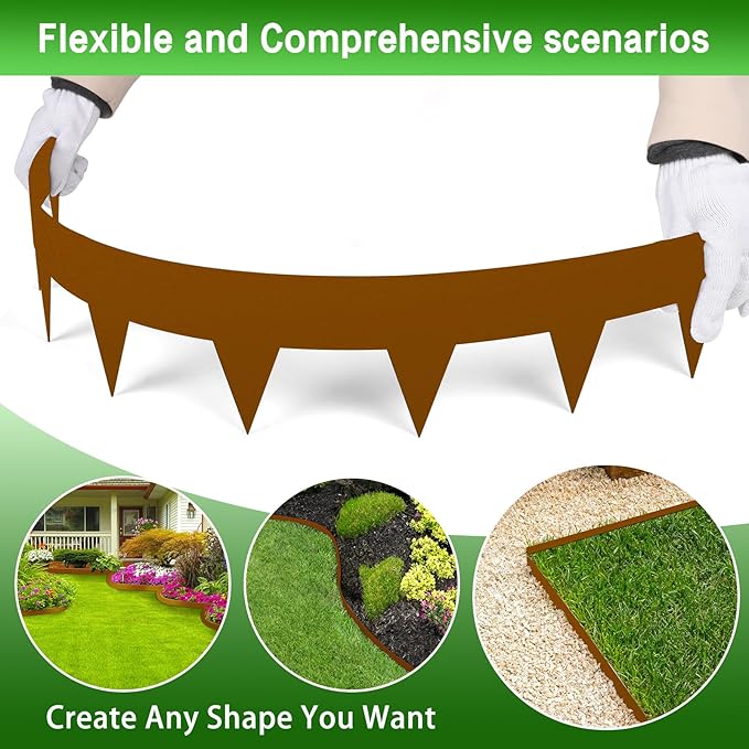 33ft Pre-Rusted Corten Steel Landscape Edging, No-Dig Metal Garden Border, 10 Pack Weathering Steel Interlocking Strips with Clips for Lawn, Path Flower Beds, 4 Inch High