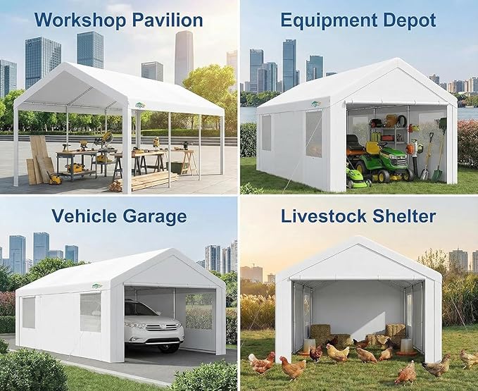 COBIZI 10x20 FT Heavy Duty Carport with Galvanized Frame, Carport Canopy with Roll-up Windows, Storage Tent with Removable Sidewalls & Doors, Built-in Sandbags for Car Boat Truck, White
