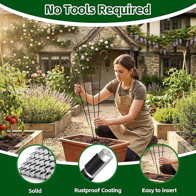 Thealyn 4 Pack 43 Inch Plant Trellis for Potted Plants, Metal Garden Trellis for Climbing Plants, Indoor Outdoor Decorative Vine Support for Pots, Wave Shape, Black