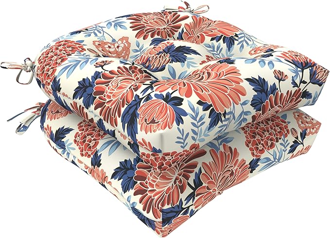 LVTXIII Outdoor/Indoor Tufted Seat Cushion, Decorative Wicker Chair Pads All Weather Seat Cushion Sets for Patio Garden Home Office Furniture, 19"x19"x4", Round Back, Pack of 2, Red Chrysanthemum