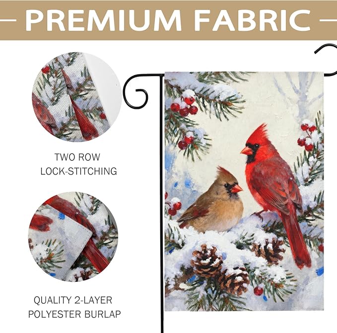 Winter Cardinal Garden Flag 12x18 Inch Pinecone Holly Christmas Snow Scene Holiday Decorative Yard Flags for Outside Double Sided Seasonal Outdoor Home Farmhouse Decoration Porch New Year Decor