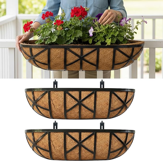 LaLaGreen 24 Inch, 2 Pack Railing Planters with Adjustable Mounting Brackets – Black Metal Window Planter Boxes for Outdoor Gardening, Wall-Mount Flower Pots, Balcony Fence Patio, Porch, Garden