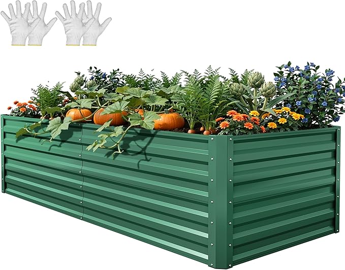 YITAHOME 6x3x2ft Large Raised Garden Bed Kit, Galvanized Metal Planter Box with Gloves, Support Rod, Outdoor Above Ground Planters for Plants, Vegetables, Flowers, Green