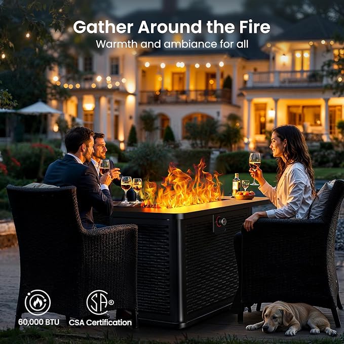 Ciays 43-Inch Rectangular Propane Fire Pit with 60,000 BTU Output, Gas with Cover & Rocks, Table CSA-Certified 2 in 1Table Gatherings Parties with 304 Stainless Steel H-Burner