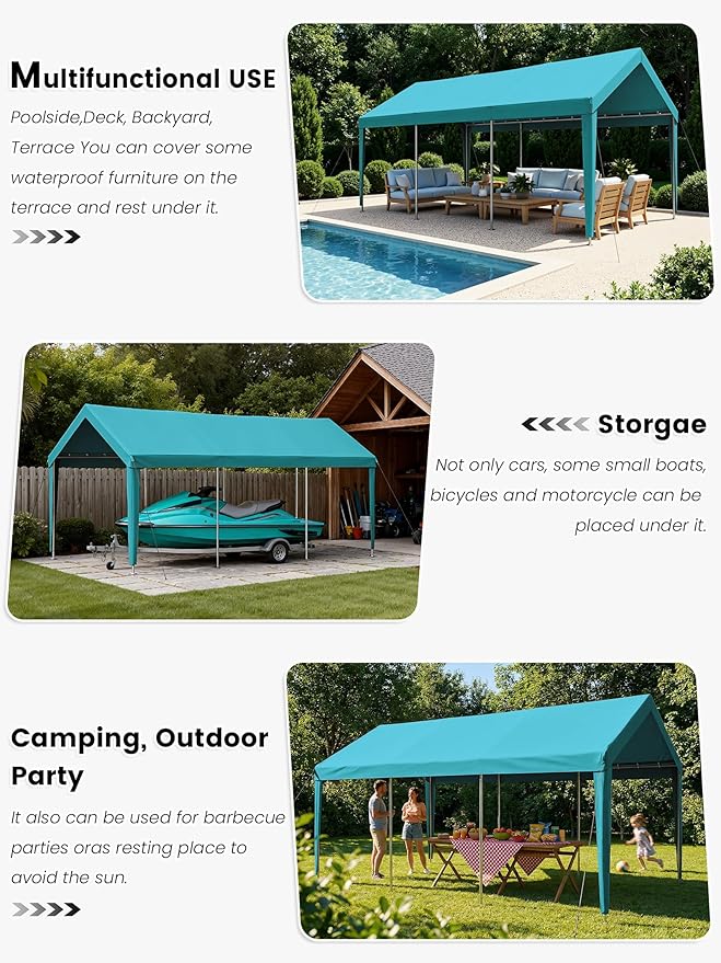 10 x 20 Ft Carport Replacement Cover, Heavy Duty Outdoor Car Tarp Canopy, Waterproof & UV Protected Tear Oxford Tarp with Ball Bungees (Frame is Not Included)