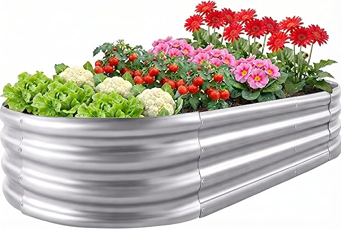 Sponvatt Raised Garden Bed - Outdoor Galvanized Raised Garden Bed Planter Boxes, Large Oval Metal for Gardening Planter Box Kit,Suitable for Vegetables,Herbs, and Flowers Silver (4x2x1Ft)