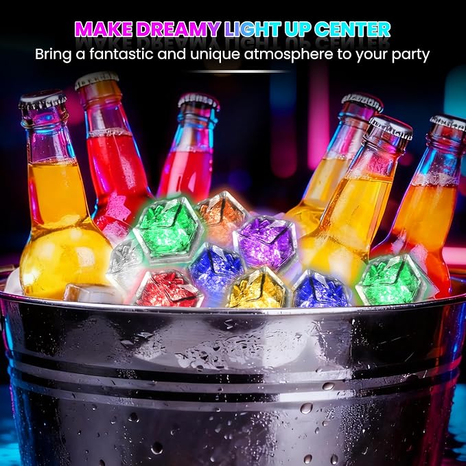 Light Up Ice Cubes, 96 Pack Multi Color Led Ice Cubes for Drinks IP67 Waterproof Reusable Glowing Flashing Changing Lights Water Activated Drink Lights for Cocktails Christmas Party Bar Wedding