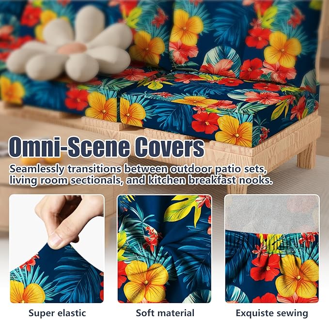 8Pcs Patio Cushion Covers, Stretch Couch & Sofa Replacement Slipcovers for Patio Furniture Cushion Covers, Washable Reusable Furniture Protector, Square Large, Big Flower