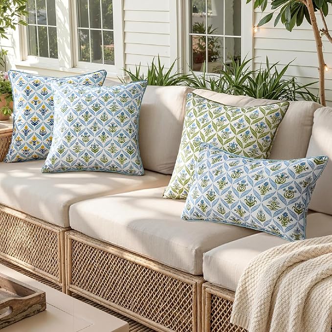 ANRODUO Floral Outdoor Pillow Covers 18x18 Waterproof Set of 2 Block Print Boho Accent Decorative Cushion Cases with Refined Edge Piping for Spring Patio Porch Garden Couch Sofa Bench Decor Blue