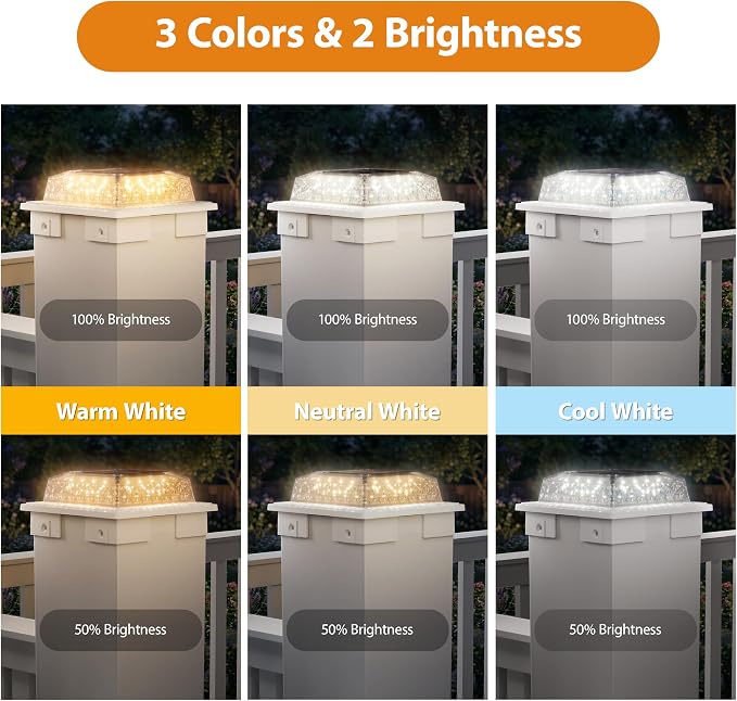 APONUO Solar Post Cap Lights, 3 Color Modes & 2 Brightness, Adjustable Base Fits 4x4 5x5 6x6 Posts (3.5-5.5 Inch), IP65 Waterproof, Deck & Fence Post Lights Solar Powered with Screws, White, 6 Pack