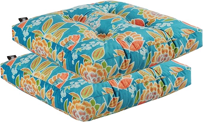 2-Pack Outdoor/Indoor Wicker Patio Seat Cushion Pad with Ties - Dining Chair Cushion, 17" x 17" (Green Bottom Flowers)