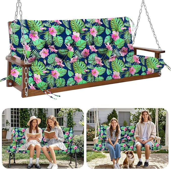 Premium 5" Thick Waterproof Outdoor Swing Cushions Sturdy Durable 2-3 Seat Replacement Porch Swing Cushions with Backrest&Ties Bench Cushion for Outdoor Furniture Backyard Patio (Flower02)