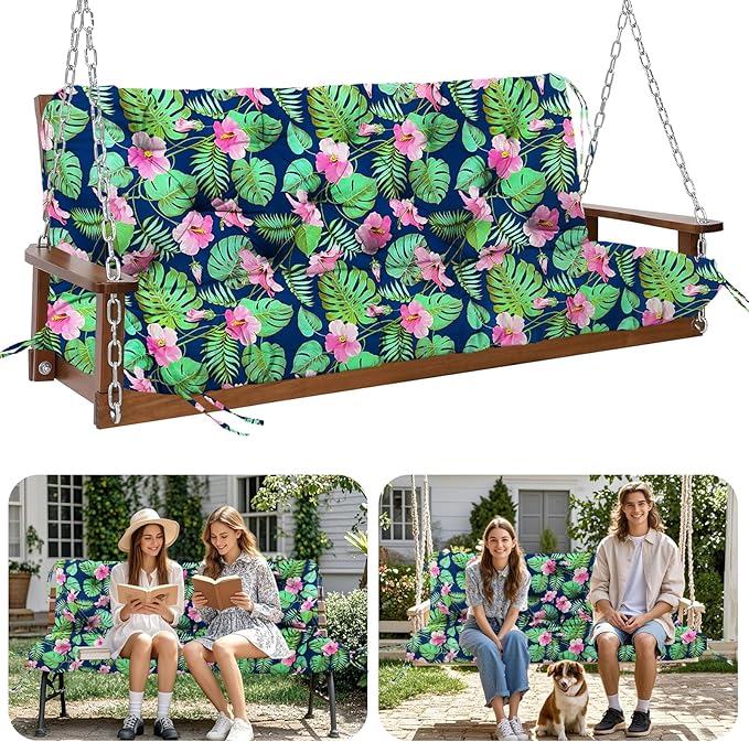Premium 5" Thick Waterproof Outdoor Swing Cushions Sturdy Durable 2-3 Seat Replacement Porch Swing Cushions with Backrest&Ties Bench Cushion for Outdoor Furniture Backyard Patio (Flower02)