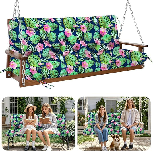 Premium 5" Thick Waterproof Outdoor Swing Cushions Sturdy Durable 2-3 Seat Replacement Porch Swing Cushions with Backrest&Ties Bench Cushion for Outdoor Furniture Backyard Patio (Flower02)