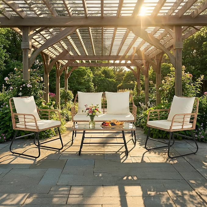 DUMOS Outdoor 4 Piece Patio Furniture Set, Wicker Patio Set with Thick Sandwich Structure Cushions, Deep Seating All-Weather Rattan Sofa and Functional Glass Table for Porch, Lawn, Brown