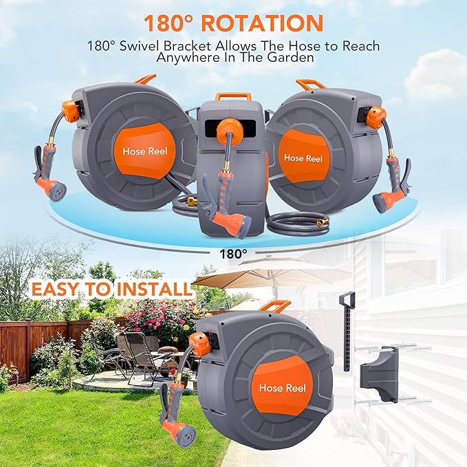 GAOMON Retractable Garden Hose Reel - 1/2 in x 72 ft, Wall Mounted, 9-Function Sprayer, Any Length Lock, 180° Swivel, Automatic Slow Rewind