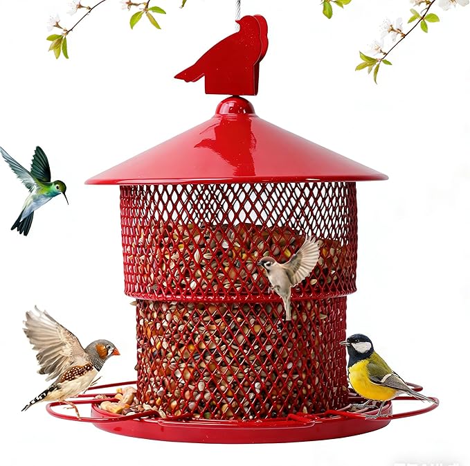 Metal Bird Feeder for Outside Hanging, Bird Feeders Squirrel Proof, 4 Lbs Large Capacity Iron Tube Mesh Wild Birdfeeder for Outdoor Finch Cardinal Chickadees Blue Jay -Red