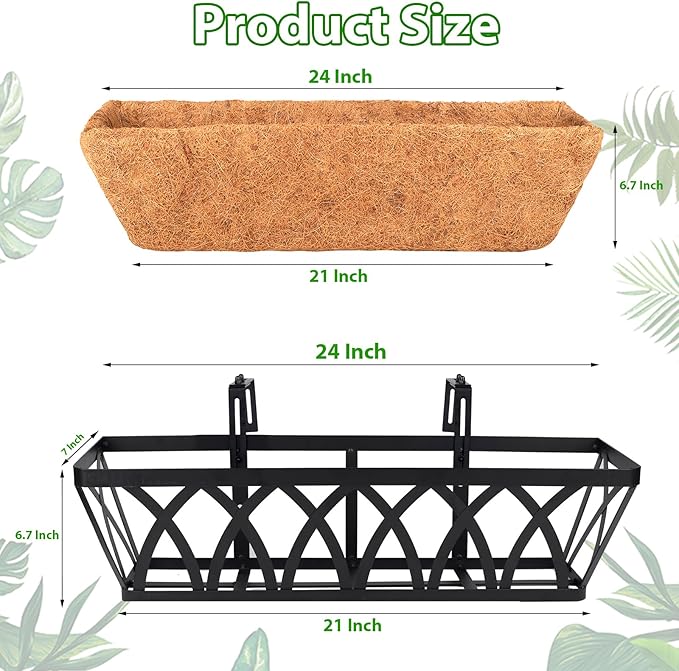 LCHUANG Deck Railing Planter Window Box - 2 Pack 24 Inch Deck Balcony Rail Planter with Coconut Coir Liner, Fence Metal Hanging Flower Planter Basket Deck Railing Planter Boxes for Outdoor Lawn