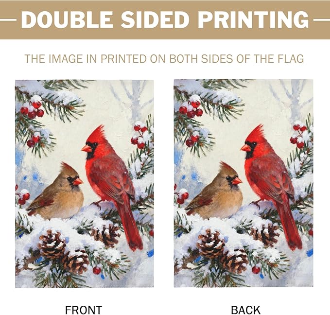 Winter Cardinal Garden Flag 12x18 Inch Pinecone Holly Christmas Snow Scene Holiday Decorative Yard Flags for Outside Double Sided Seasonal Outdoor Home Farmhouse Decoration Porch New Year Decor