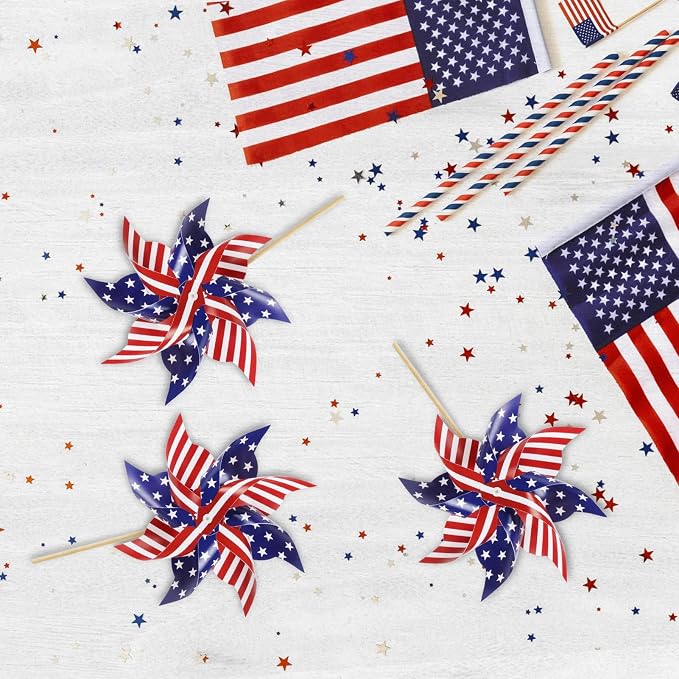 HOOSUN 4th of July Decorations,12Pcs American Flag Patriotic Pinwheels for Yard and Garden,Fourth of July Pinwheels Patriotic Memorial Day Decorations,Garden Wind Spinners,Pinwheel for Kids,Lawn,Patio