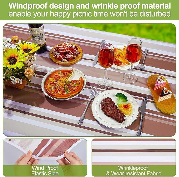 Picnic Table Cover with Bench Covers Camping Essentials Waterproof Windproof Camping Tablecloth with Drawstring Bag, Fitted Rectangle Tables and Seats, 72in, Brown Stripe