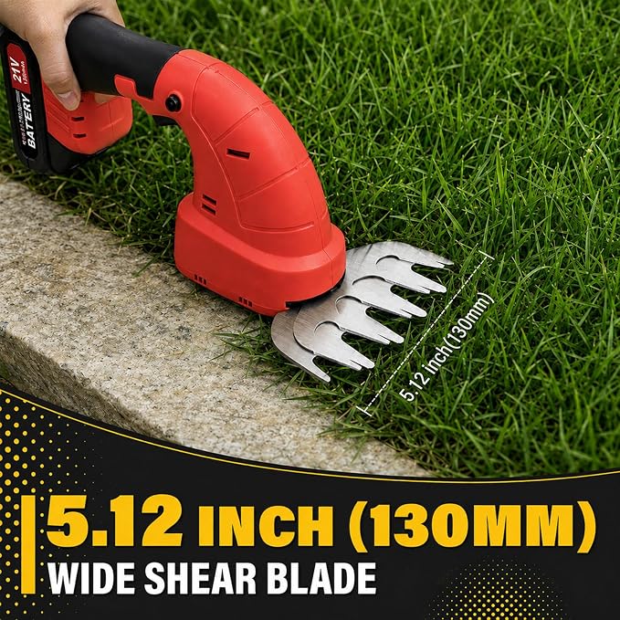 2-in-1 Cordless Hedge Trimmer & Grass Shear, 21V, Red | Lightweight Handheld, Small Yard Lawn Edging, Easy One-Hand Pruning for Women & Seniors, 2 Batteries & Charger