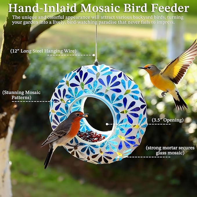 SAVENNA Mosaic Glass Hanging Bird Feeder, 8 Inch Handcrafted Outdoor Feeder with Steel Wire Rope, Decorative Garden & Patio Feeder for Wild Birds, Blue Geometric Mosaic Design