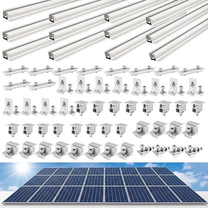 Solar Panel Mounting Rail Kit for 10 x 320W Panels, Includes 16 x 47.2 Aluminum Rails, Adjustable Clamps, L-Brackets & Grounding Hardware, Racking System for Metal, Tile, Shingle Roof