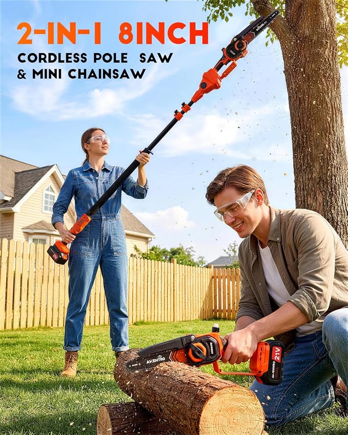 Electric Pole Saws for Tree Trimming, 2-in-1 Bruless Motor Mini Chainsaw & Pole Saw, 8-in Electric Chainsaw Cordless with Extendsion Pole, 2x4000mAh Li Batteries & Charger, 16FT Max Reach