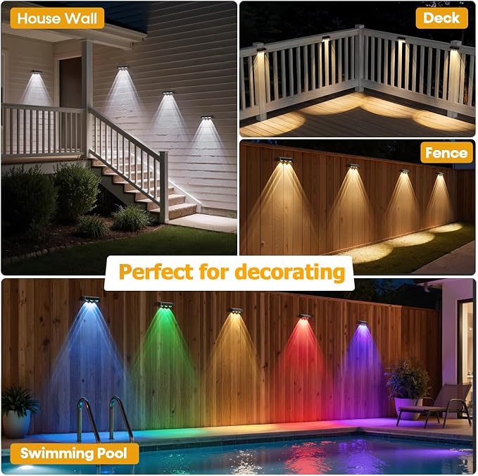 NIORSUN Solar Fence Lights, 12 Pack LED Outdoor Solar Deck Lights with Lenses, RGB Color, IP65 Waterproof, Solar Lights for Outside, Wall, Patio, Railing, Yard (Black)