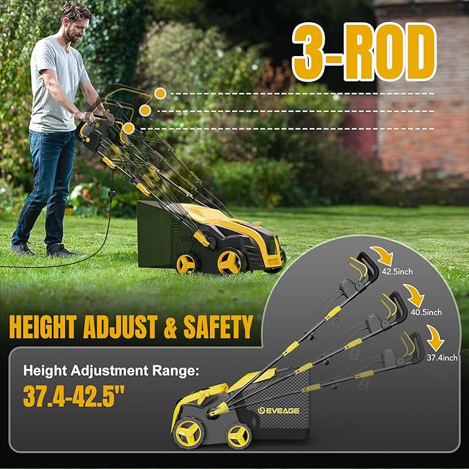 EVEAGE 16-Inch 15 Amp Electric Dethatcher & Scarifier, 2-in 1 Thatcher for Lawn with 5-Position Depth Adjustment, 14.5gal Collection Bag, Increases Lawn Health