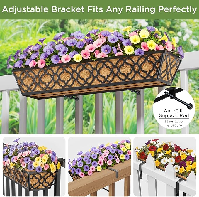 HFHOME 2 Pcs 30" Window Box Deck Railing Planter with Horse Trough Coco Liners, Black Metal Hanging Flower Planters Baskets for Indoor, Outdoor, Balcony, Porch, Fence, Patio, and Lawn