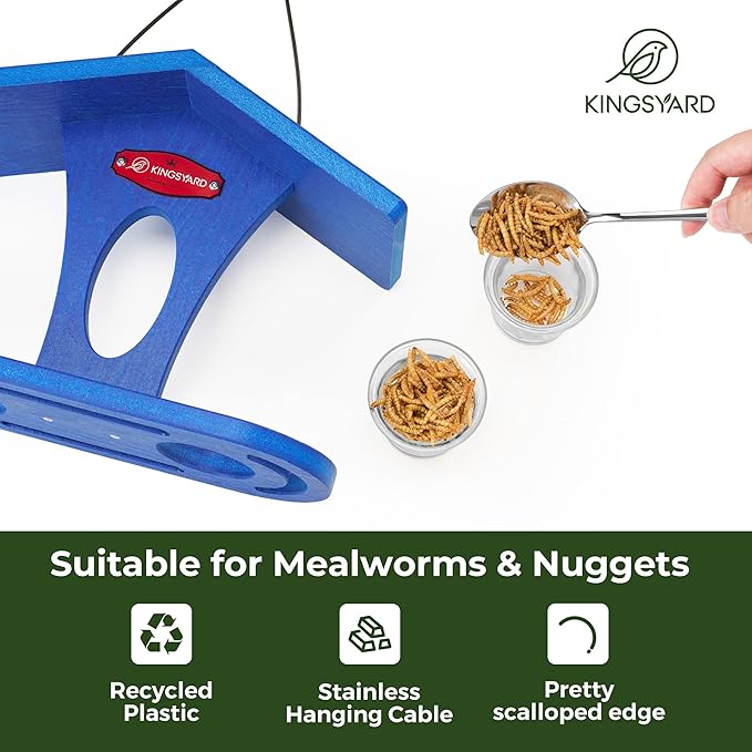 Kingsyard Bird Feeder for Outdoor Hanging, Recyceled Plastic Bluebird Feeders for mealworm, Two Dishes w/ 5 oz, Durable & Weatherproof, for Bird Lovers, Blue