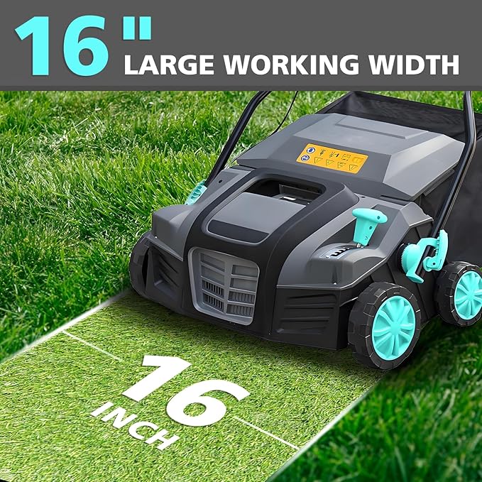Lawn Dethatcher and Scarifier, 16-Inch 15-Amp 2-in-1 Electric Lawn Care Machine with 14.5-Gal Collection Bag & 5-Position Adjustment for Thatch Removal and Grass Revitalization - XSS16D
