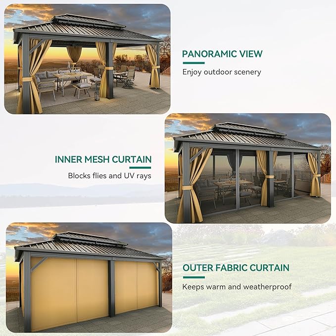 YITAHOME 12x18ft Gazebo Double Roof Hardtop Canopy Outdoor Heavy Duty w/Nettings and Curtains, Upgraded Aluminum Column Galvanized Steel Vertical Stripes Roof for Patio, Backyard, Deck, Lawns, Brown