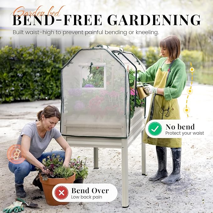 KING BIRD Raised Garden Bed with Cover & Netting Galvanized Elevated Large Planter Box with Legs for Backyard, Patio, Balcony, 400lb Capacity, Beige, 48×24×56 in