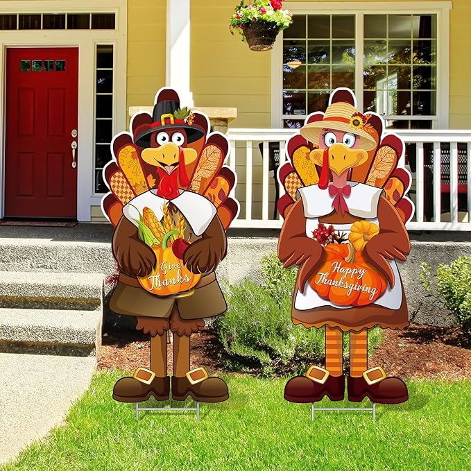 Capoda Large Thanksgiving Turkey Yard Sign Turkey Pumpkin Fall Yard Sign Stake Happy Thanksgiving Signs with H Stand for Fall Autumn Harvest Party Lawn Garden Outdoor Decor, 29.3 x 12.6 Inch