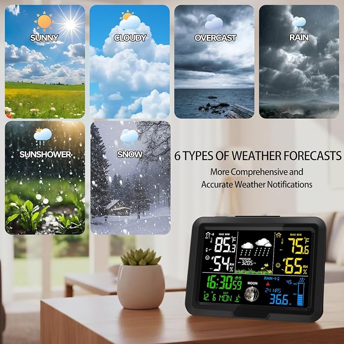 Digital Wireless Rain Gauge Outdoor, Home Weather Station Wireless Indoor Outdoor with Self-Emptying Rain Gauge, Thermometer, Barometer, Hygrometer, Atomic Clock, Weather Forecast and Alerts