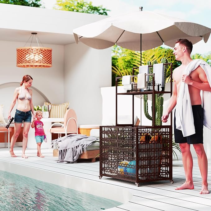 Outsunny Wicker Pool Float Storage Organizer, PE Rattan Pool Float Holder with Basket Shelf Towel Bars, Rolling Pool Caddy for Floaties, Noodles, Life Vests, Beach Balls, Brown