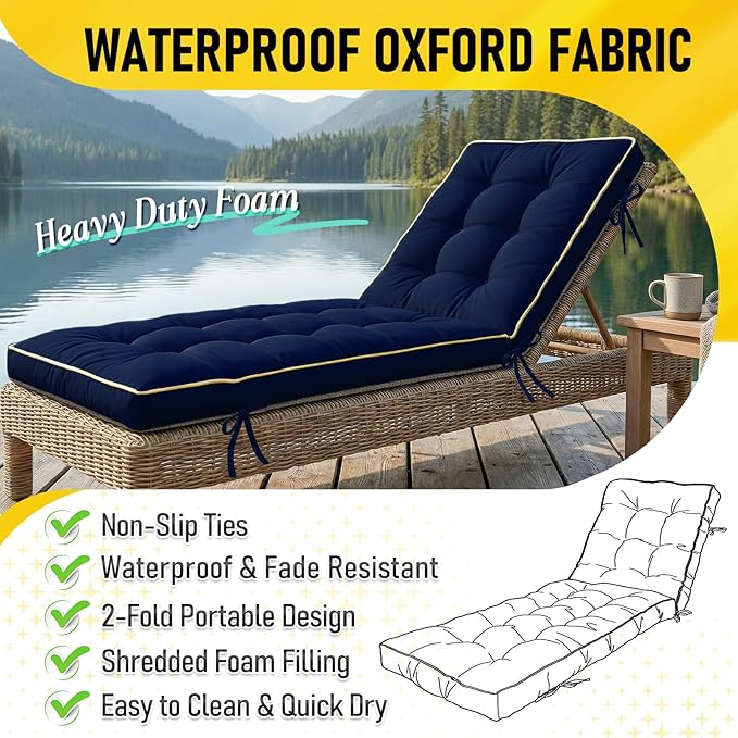 2 Pack 80x26 Inch Folding Chaise Lounge Cushion Quick Dry - Outdoor Sun Lounger Seat Pad with Shredded Foam for Patio Furniture, Deck Chairs, Poolside (Blue, 80 INCH × 26 INCH- 2 Pack)
