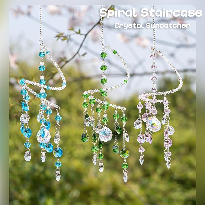 H&D HYALINE & DORA 3 Pcs Crystal Suncatchers, Spiral Sun Catchers Indoor Window, Boho Healing Wind Chimes Hanging Crystals for Home Garden Wedding Decoration(Pink,Green,Blue)