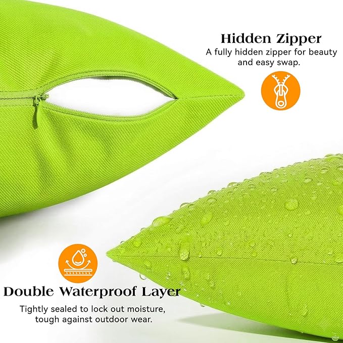 Lewondr Waterproof Outdoor Throw Pillow Cover, 2 Pack Solid PU Coating Throw Pillow Case UV Protection Garden Cushion Cover for Patio Sofa Couch Balcony 20"x20"(50x50cm), Fluorescent Green