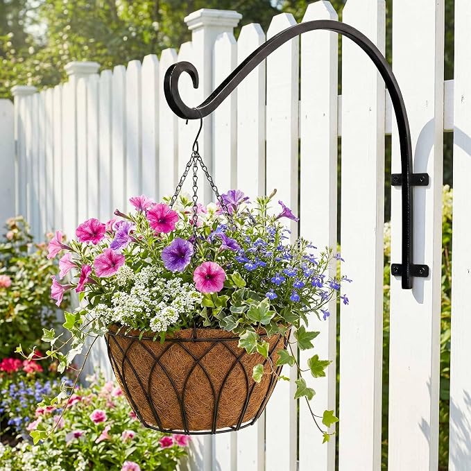 Lifyzoon Heavy Duty Hanging Plant Bracket: 50lbs Weight Capacity - Black Metal Plant Hangers for Outside, 16 Inch Outdoor Wall Hooks for Large Bird Feeder, Lanterns, Wind Chimes, Flower Baskets