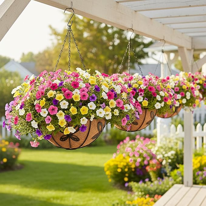4pcs 14 inch Metal Hanging Baskets Round Wire Plant Stand with Coco Lining Cushion Decorative Planter Hanger Garden Indoor Outdoor Watering Hanging Basket （HD）