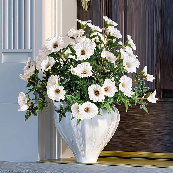 White Artificial Morning Glory Flowers for Outdoor Planters, UV Resistant Silk Faux Flowers for Hanging Basket, Porch & Window Box, Lifelike Farmhouse Garden Decor, No Pot, 13.3 Inch, 4 Bundles