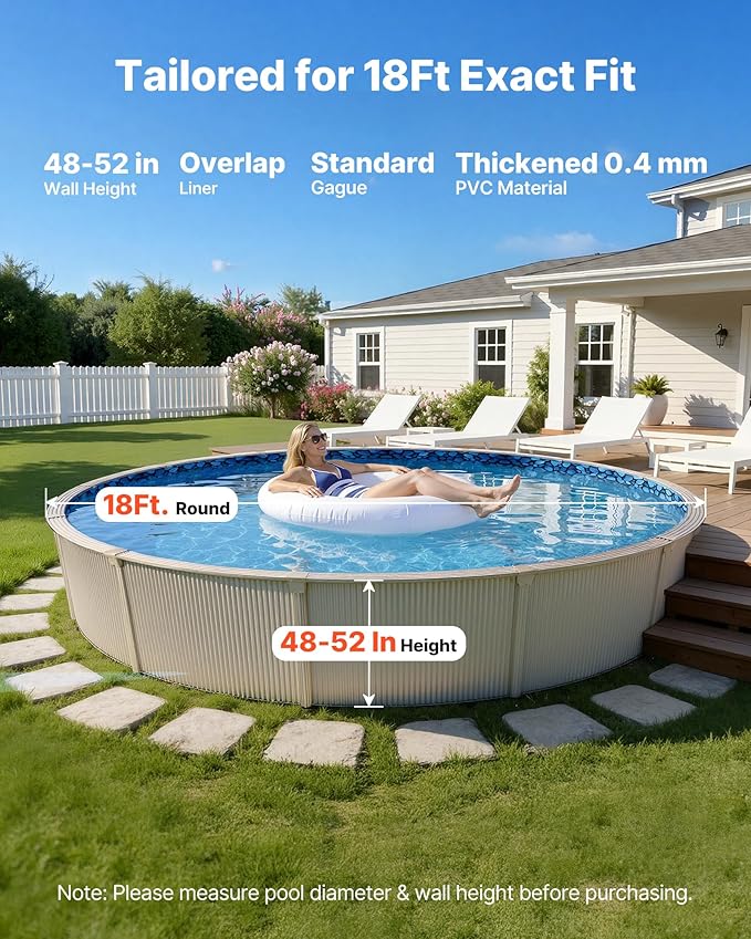 VEVOR 18-ft Round Above Ground Pool Liner, Overlap Pool Liners, Thickend Upgraded Gauge Vinyl, 48-to-54inch Wall Height, Designed for Steel Sided Above-Ground Swimming Pools